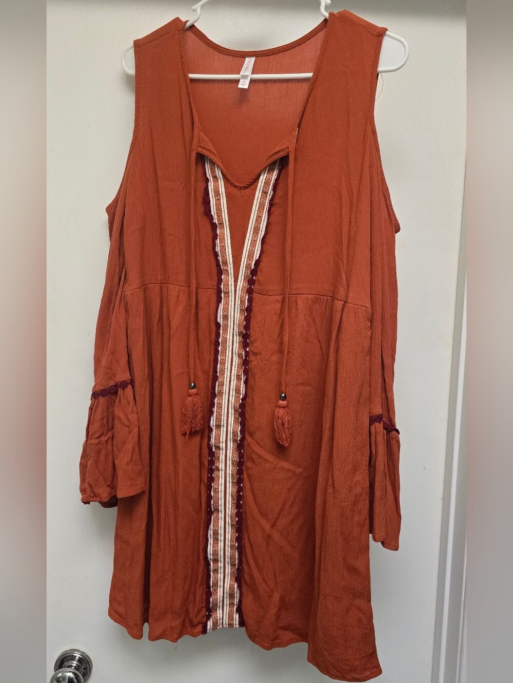 Xhilaration Rust Orange Boho Tassel Cold-Shoulder Dress L